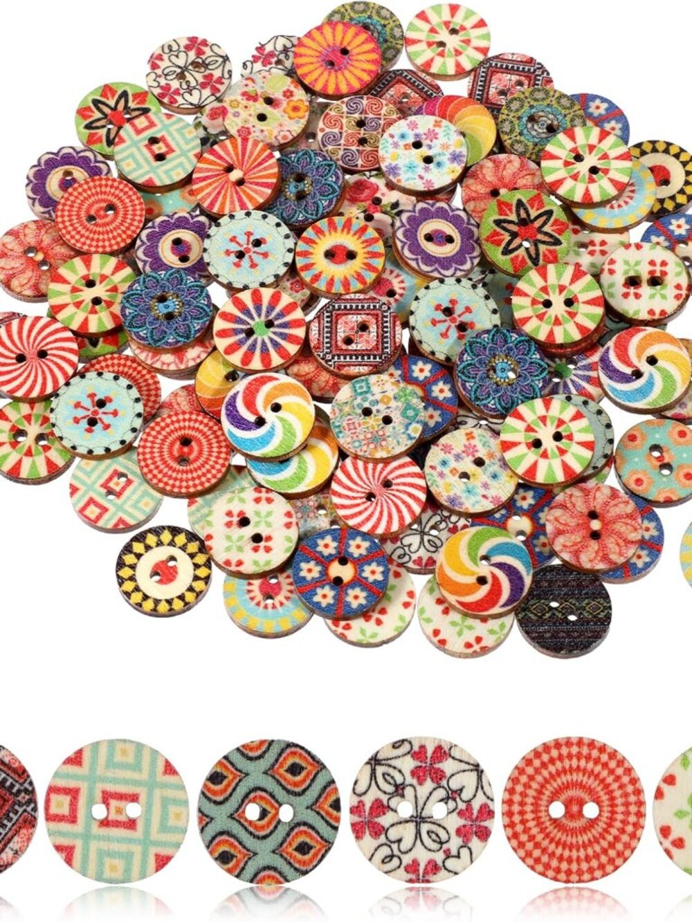 100 Pcs Multicolor Vintage Wooden Buttons, Round, 1.5cm 0.59 inch, Assorted Flor